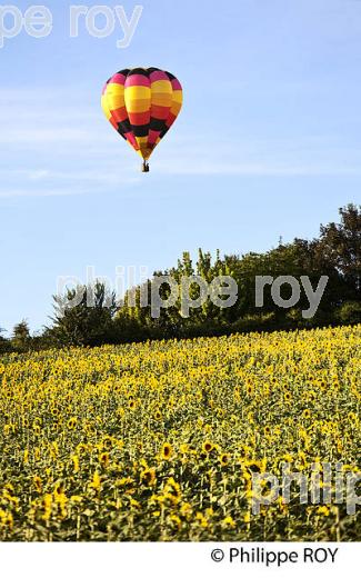 MONTGOLFIERE SUR CHAMP DE TOURNESOL , PERIGORD BLANC,  DORDOGNE. (00S05726.jpg)