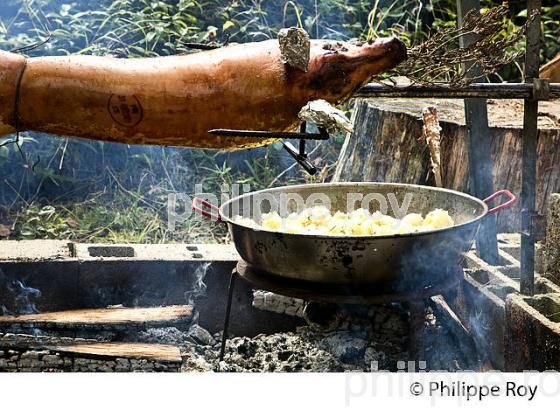 CUISSON DU COCHON  DE LAIT A LA BROCHE, FESTIVAL DU VERBE,  LES AMIS DU VERBE,  VILLAGE DE LAFITTE-LATOUPIERE ,   COMMINGES. (31F02411.jpg)