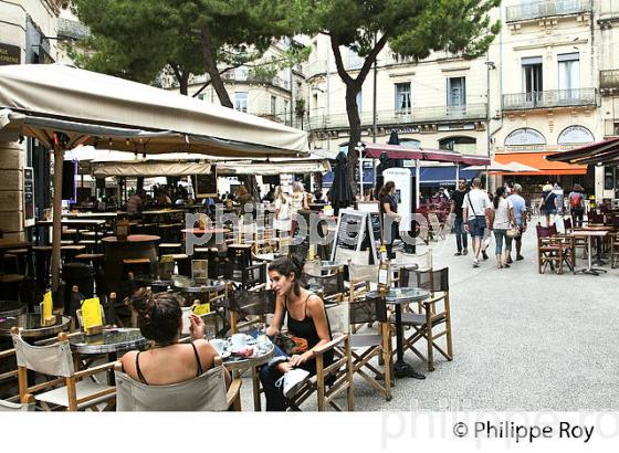 TERRASSE DE CAFE, PLACE HALLE CASTELLANE,  MONTPELLIER COEUR DE VILLE , HERAULT, LANGUEDOC. (34F01334.jpg)