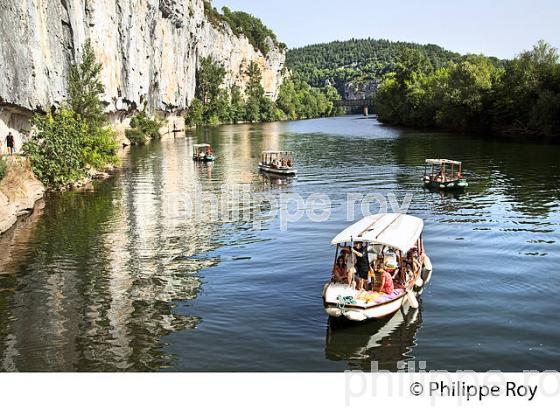 PROMENADE EN BATEAU SUR LE OT   ET FALAISE, TOURISME FLUVIAL ,  COMMUNE  DE BOUZIES, VALLEE DU LOT, QUERCY, LOT. (46F02540.jpg)