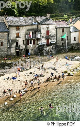 PLAGE, RIVE DU  TARN  ET VILLAGE DE  PONT DE MONTVERT, VALLEE DU TARN, MONT LOZERE, CEVENNES, LOZERE. (48F02316.jpg)